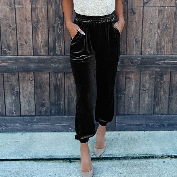 Black Solid Velvet Jogger Pants - Robbi & Angel