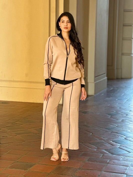 Knit High Waist Pants with Line Contrast Set - Robbi & Angel