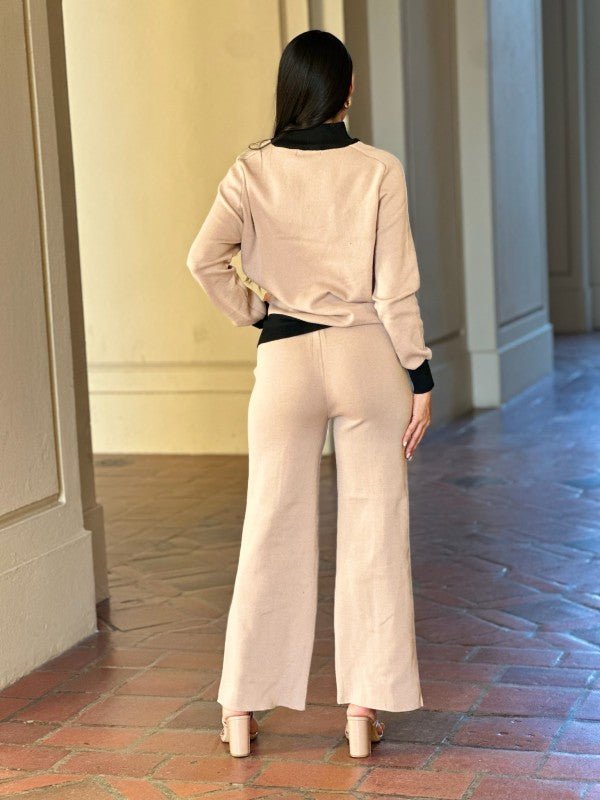 Knit High Waist Pants with Line Contrast Set - Robbi & Angel