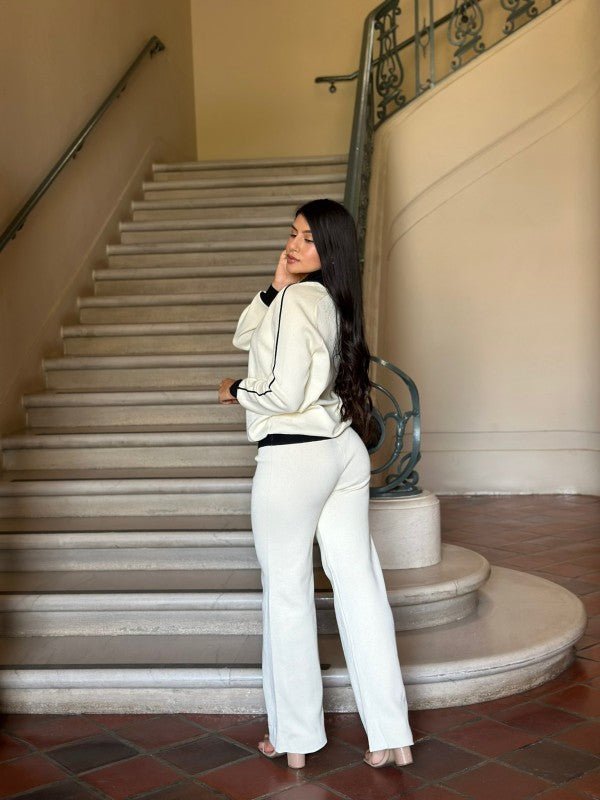 Knit High Waist Pants with Line Contrast Set - Robbi & Angel