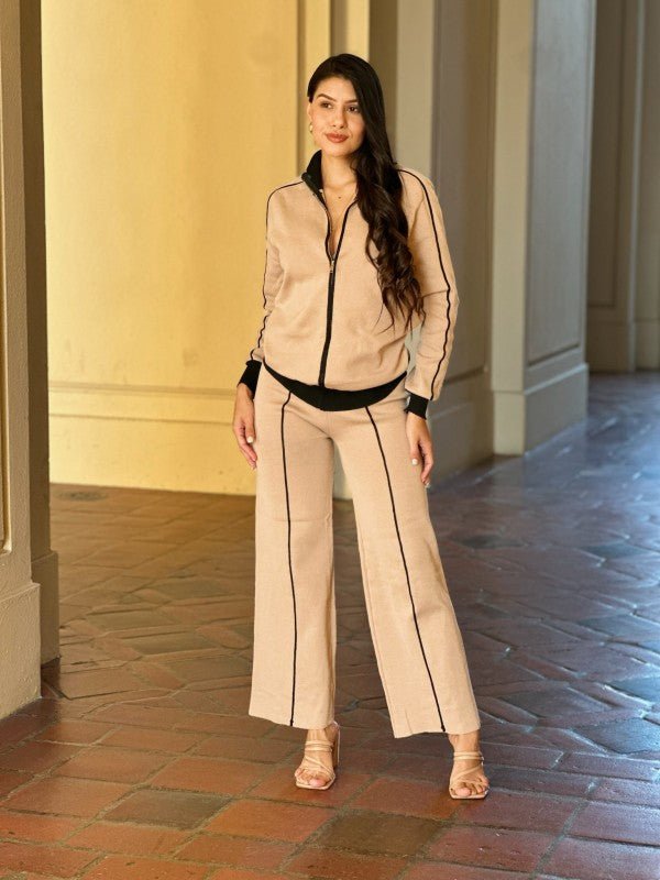 Knit High Waist Pants with Line Contrast Set - Robbi & Angel