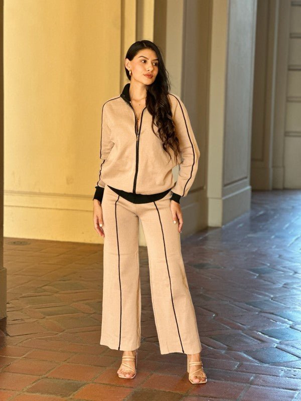 Knit High Waist Pants with Line Contrast Set - Robbi & Angel