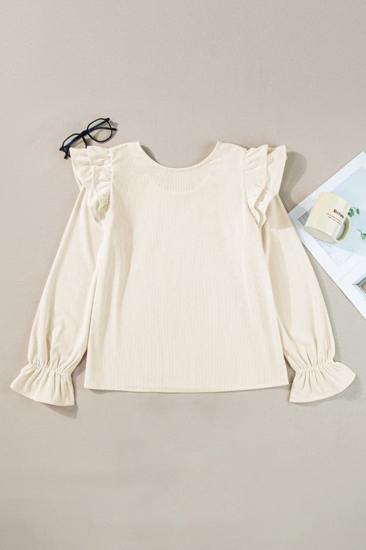 Beige Ruffled Flounce Sleeve Corduroy Shirts - Robbi & Angel