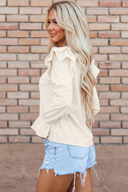 Beige Ruffled Flounce Sleeve Corduroy Shirts - Robbi & Angel