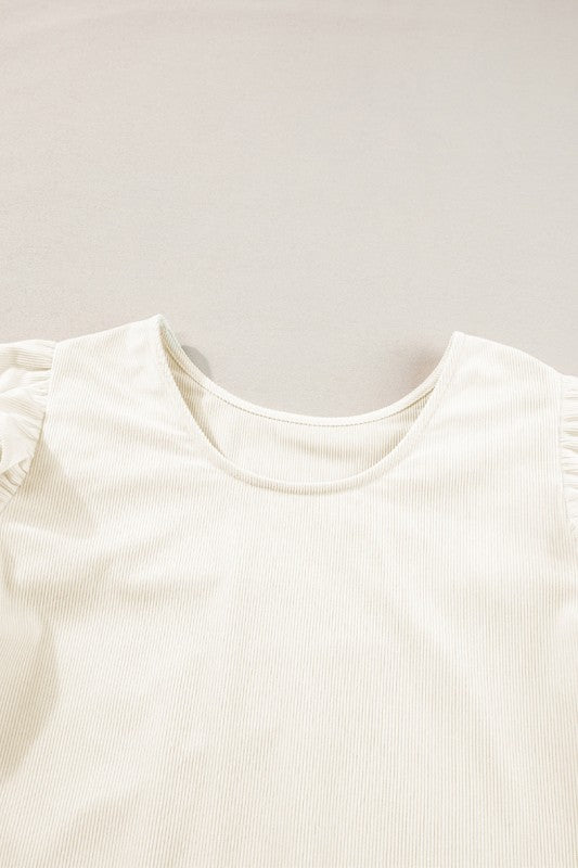 Beige Ruffled Flounce Sleeve Corduroy Shirts - Robbi & Angel