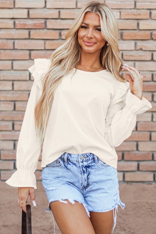 Beige Ruffled Flounce Sleeve Corduroy Shirts - Robbi & Angel