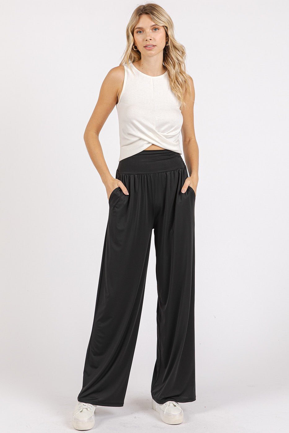 Mittoshop Stretch Banded Waist Wide Leg Pants with Pockets - Robbi & Angel