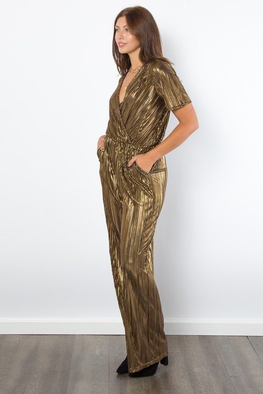 Be Stage Surplice Short Sleeve Pleated Foil Jumpsuit - Robbi & Angel