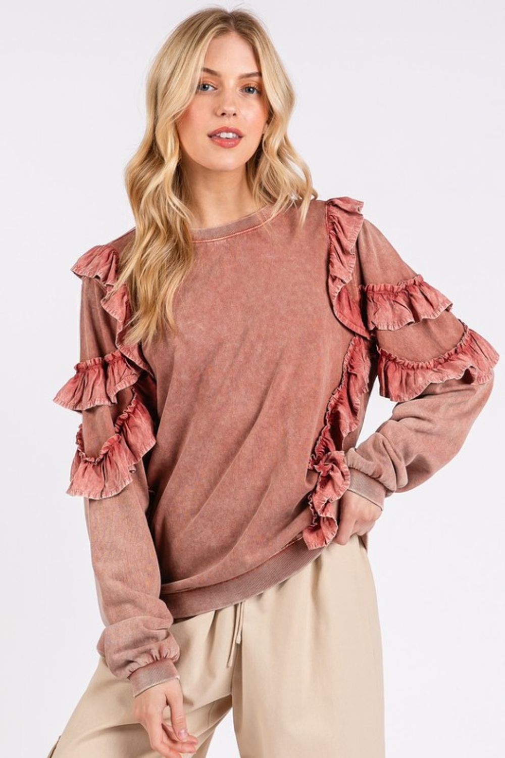 Mittoshop Ruffled Mineral Washed Round Neck Long Sleeve Sweatshirt - Robbi & Angel