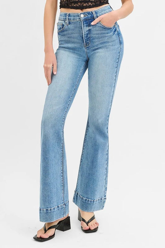 RISEN Full Size Tummy Control Elastic Band High Rise Flare Jeans Plus Size - Robbi & Angel