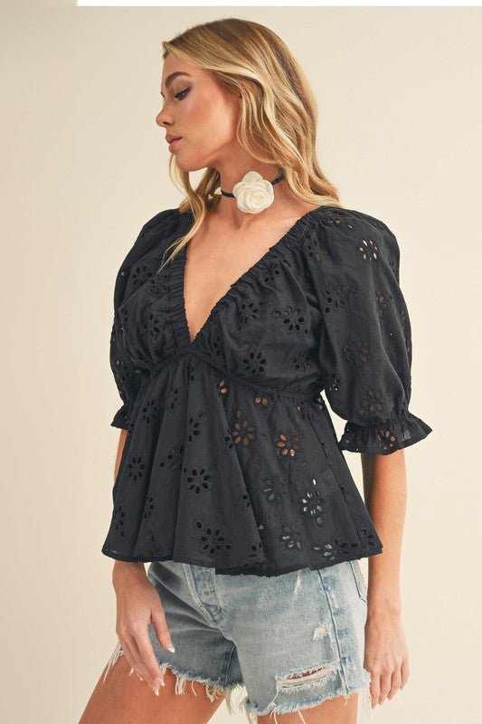 Aemi + Co Eyelet Embroidered V - Neck Half Sleeve Peplum Blouse - Robbi & Angel