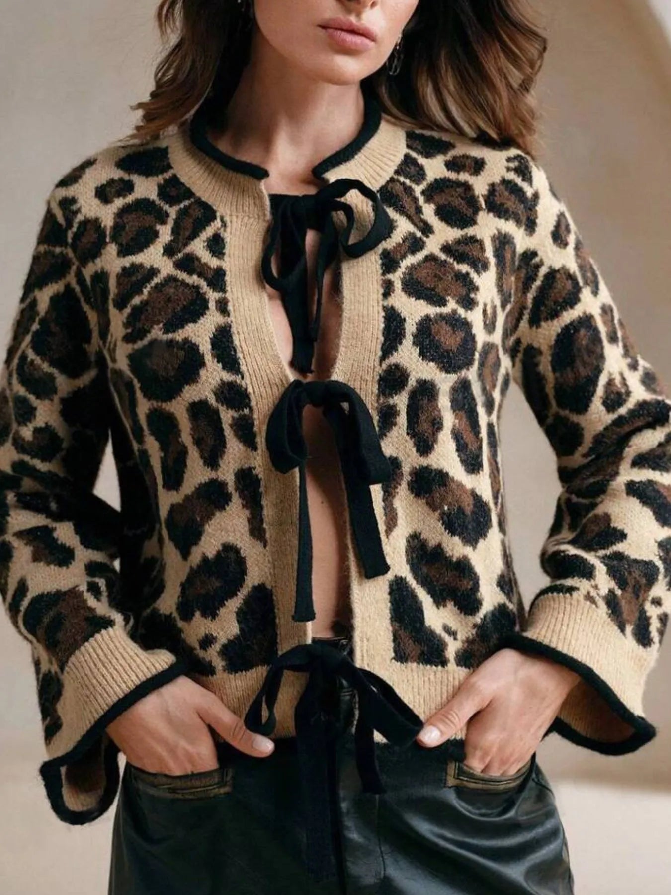 Leopard Print Bow - Tie Front Cropped Cardigan - Robbi & Angel