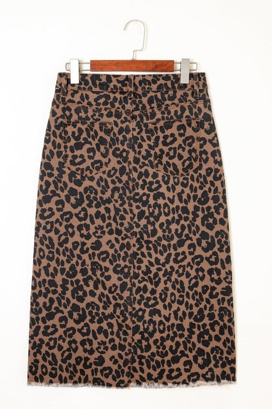 Leopard Denim Frayed Hem Midi Skirt - Robbi & Angel