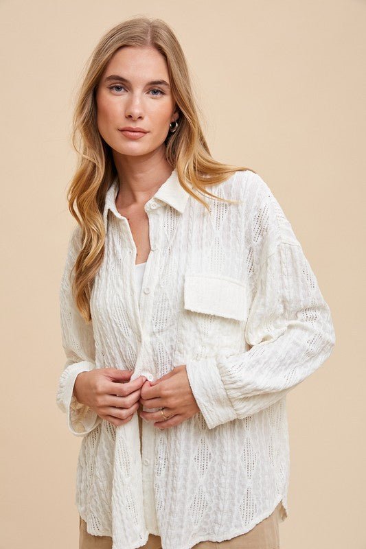 Annie Wear Openwork Button Down Drop Shoulder Shirt - Robbi & Angel