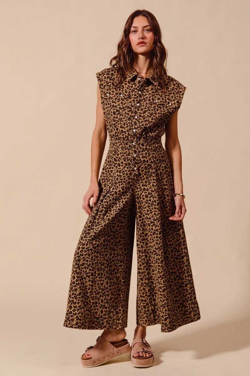 SO ME Wide Leg Leopard Twill Overalls Jumpsuit with Tuck - Robbi & Angel