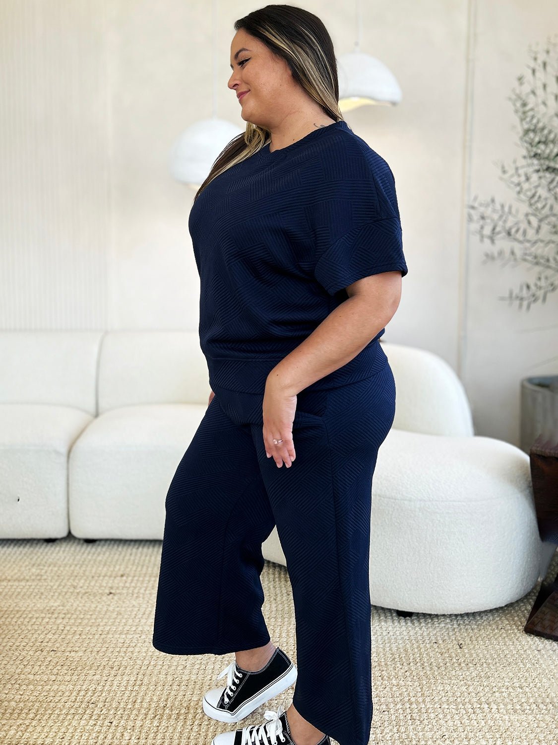 Double Take Full Size Texture Short Sleeve Top and Pants Set - Robbi & Angel