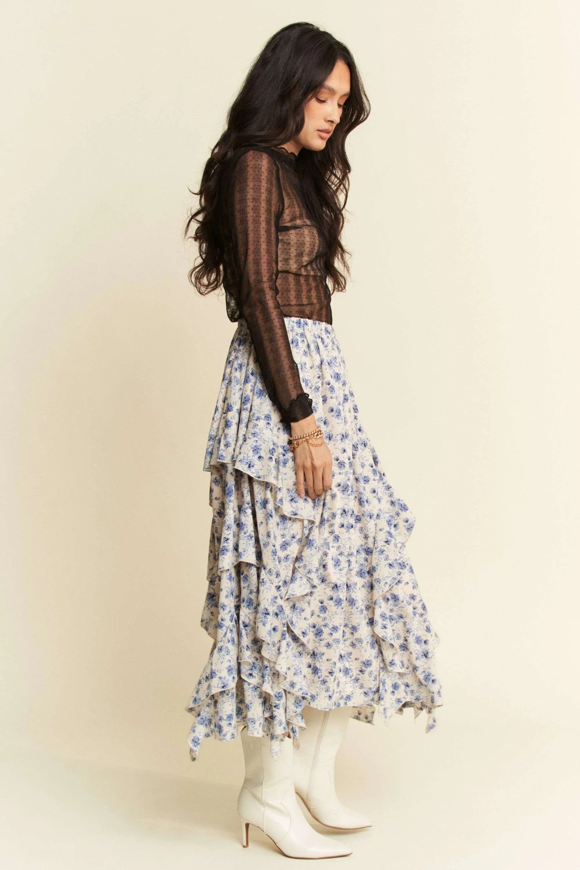 Davi & Dani Turtle Neck Lace Dotted Stretch Mesh Sheer Top - Robbi & Angel