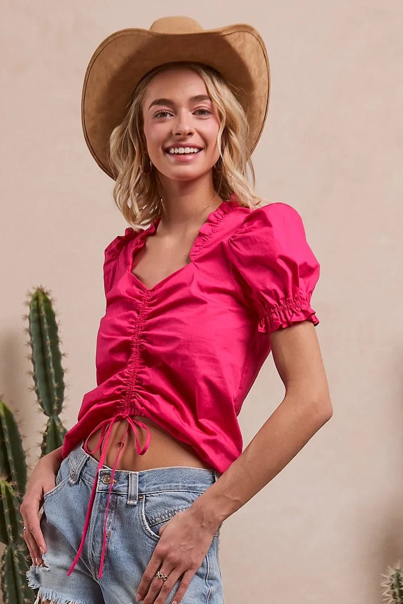 BiBi Ruffled Square Neck With Front Ruched Puff Sleeve - Robbi & Angel
