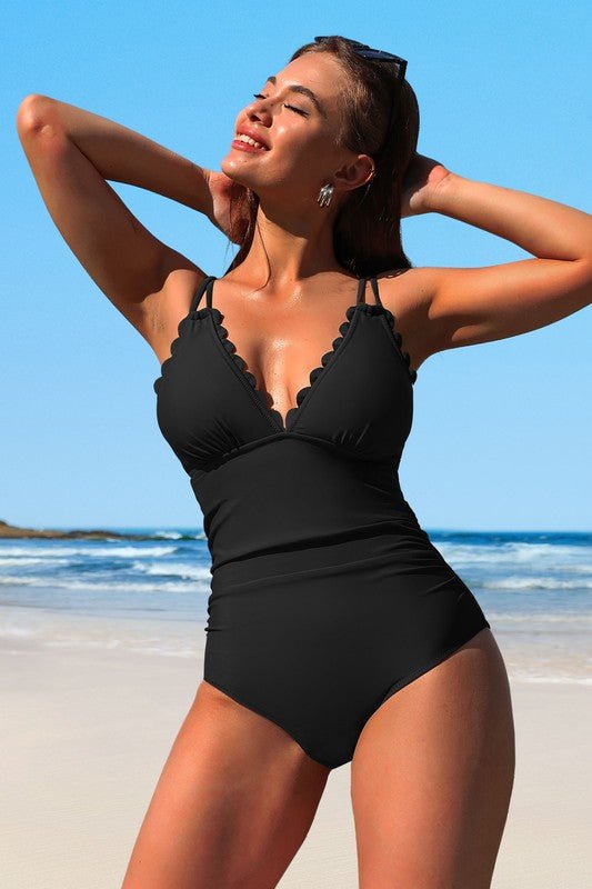 Scalloped V Neck Cut Out Monokini Swimwear - Robbi & Angel