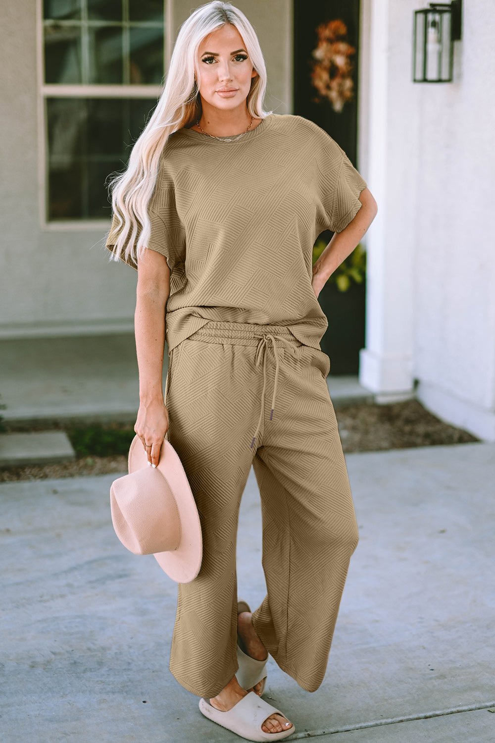 Double Take Full Size Texture Short Sleeve Top and Pants Set - Robbi & Angel