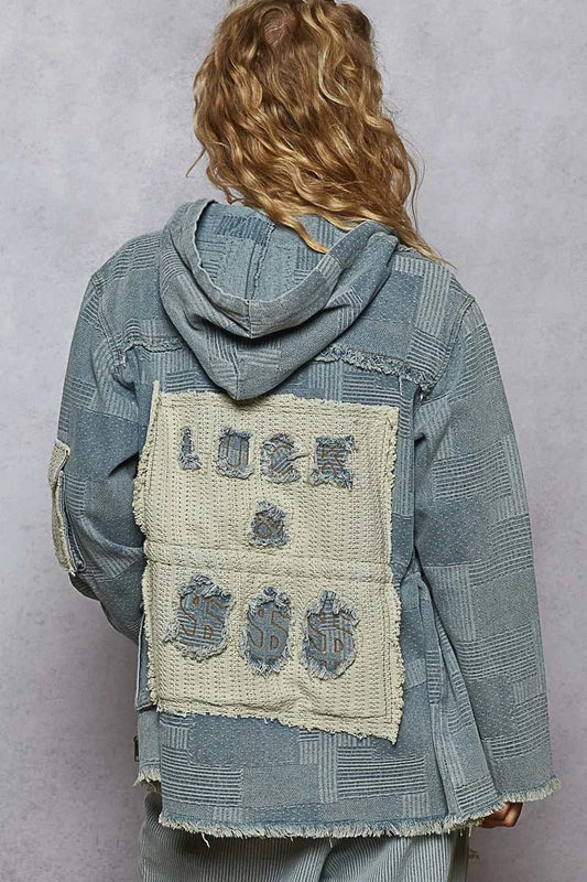 POL Raw Hem Drawstring Zip Up Hooded Denim Jacket - Robbi & Angel
