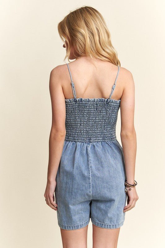 ADORA Smocked Spaghetti Strap Denim Romper - Robbi & Angel