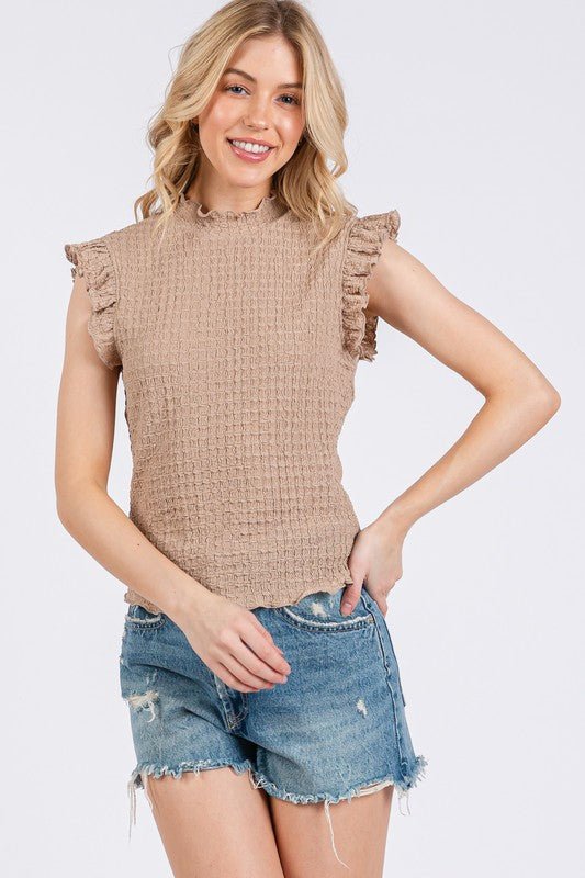 Ces Femme Texture Mock Neck Ruffle Cap Sleeve Blouse - Robbi & Angel