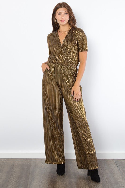 Be Stage Surplice Short Sleeve Pleated Foil Jumpsuit - Robbi & Angel