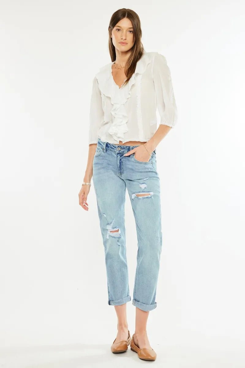 Kancan Mid Rise Distressed Boyfriend Fit Jeans - Robbi & Angel