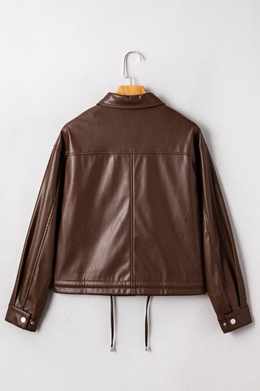 Leather Drawstring Hem Pocketed Jacket - Robbi & Angel