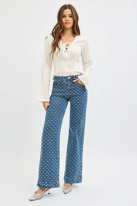 RISEN High Rise Wide Leg Bow Embroidered Jeans - Robbi & Angel
