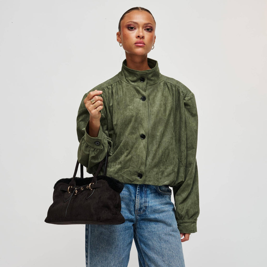 Tommi Faux Suede Plush Trim Satchel