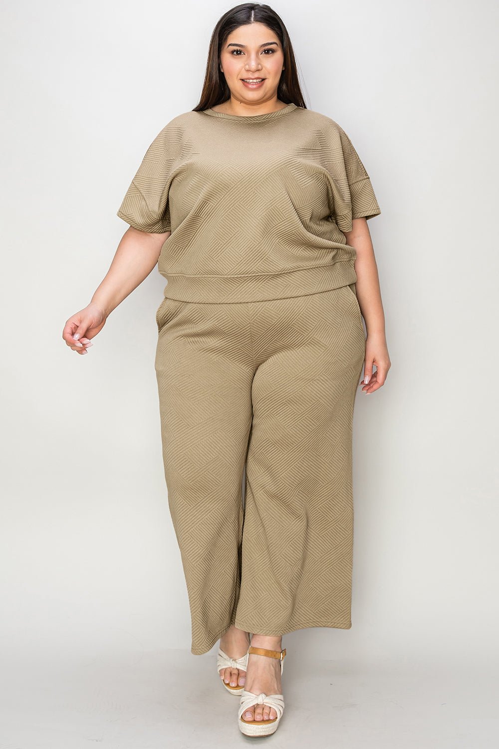 Double Take Full Size Texture Short Sleeve Top and Pants Set - Robbi & Angel