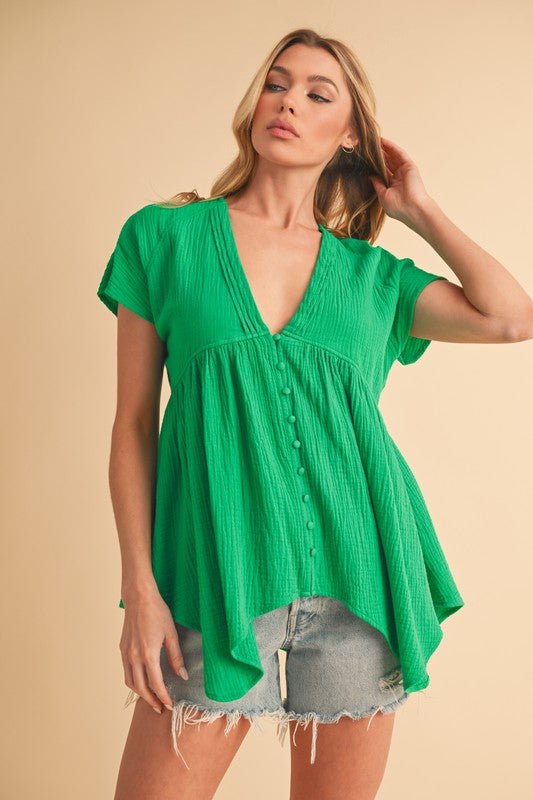 Aemi + Co Tuck Detail V - Neck Short Sleeve Blouse - Robbi & Angel