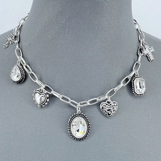 Silver Finish Filigree Necklace With Glass Design - Robbi & Angel