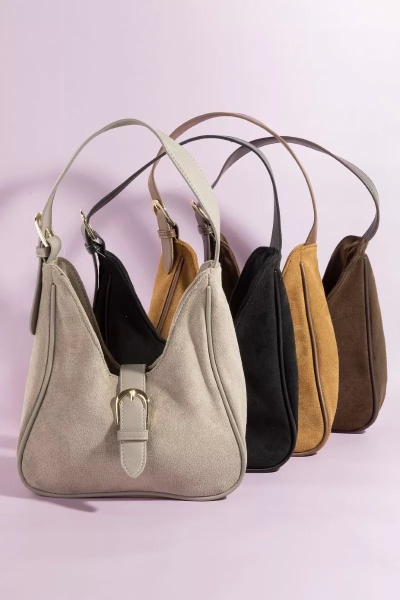 Fame Buckle Accent Faux Suede Hand Bag - Robbi & Angel