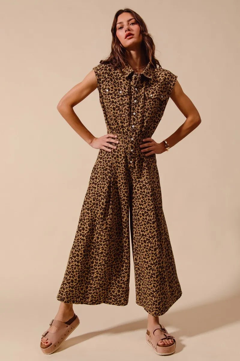 SO ME Wide Leg Leopard Twill Overalls Jumpsuit with Tuck - Robbi & Angel