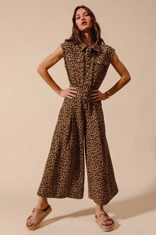 SO ME Wide Leg Leopard Twill Overalls Jumpsuit with Tuck - Robbi & Angel