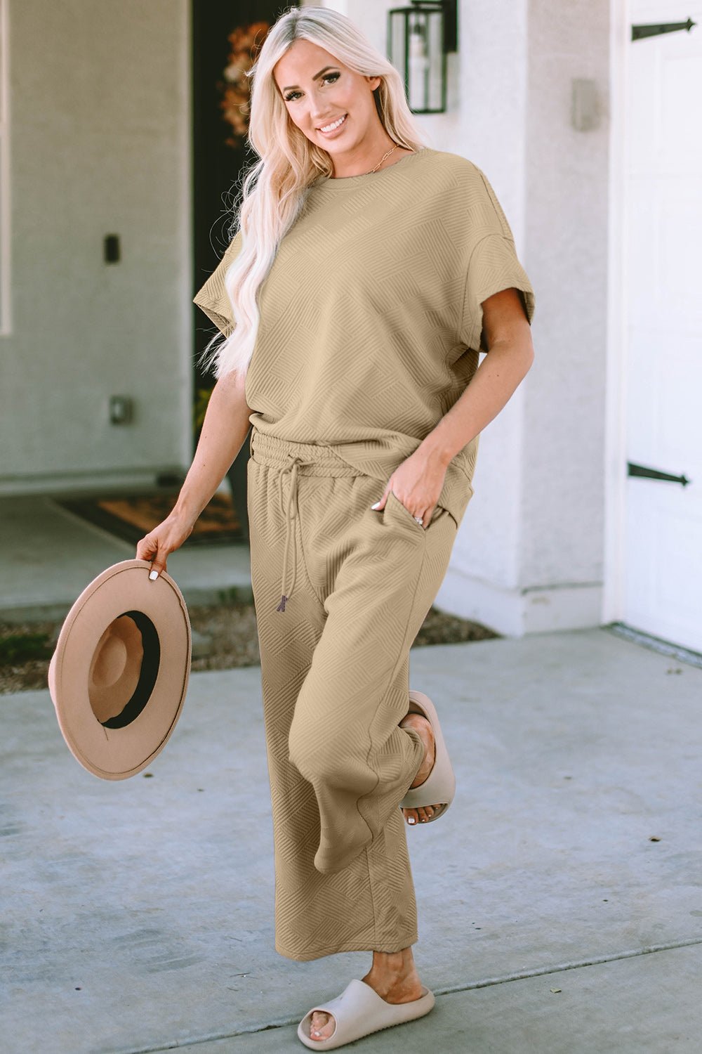 Double Take Full Size Texture Short Sleeve Top and Pants Set - Robbi & Angel