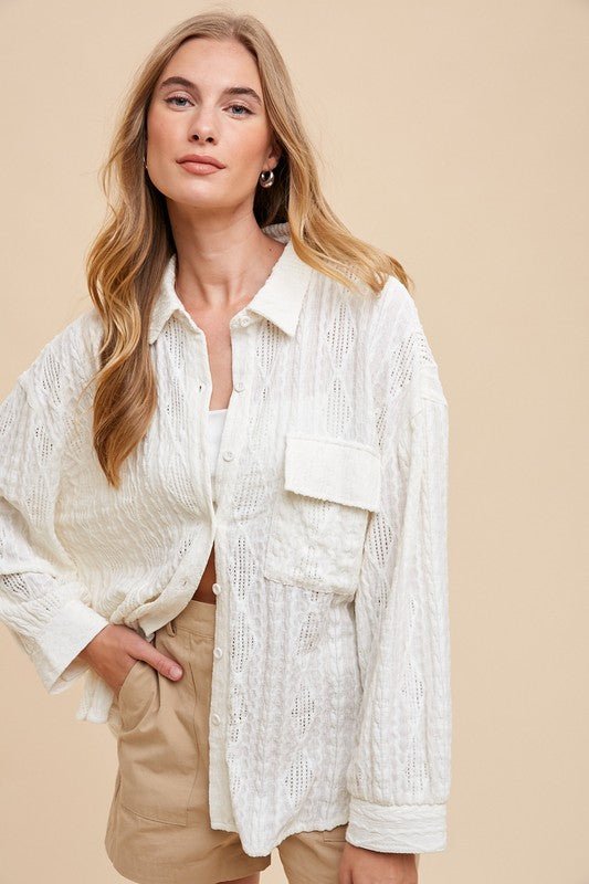 Annie Wear Openwork Button Down Drop Shoulder Shirt - Robbi & Angel