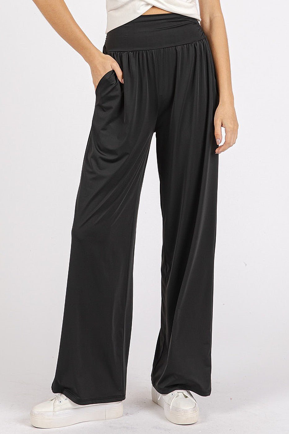 Mittoshop Stretch Banded Waist Wide Leg Pants with Pockets - Robbi & Angel