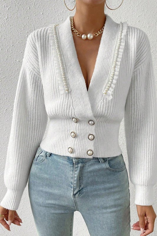 Deep V Double Breasted Pearl Beaded Decor Sweater - Robbi & Angel