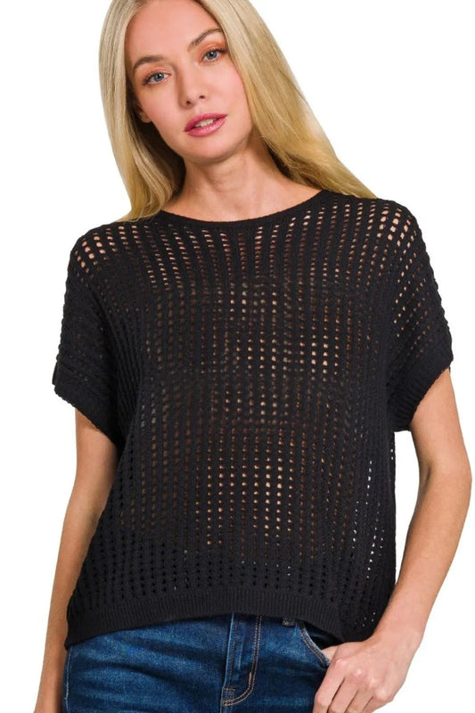Zenana Viscose Crochet Knit Sheer Hollow Sweater - Robbi & Angel