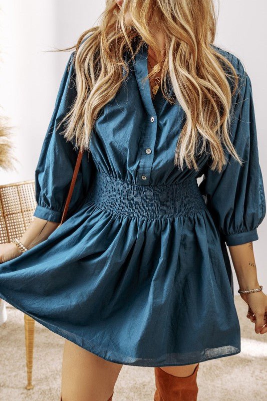 Vera 3/4 Sleeve Shirred High Waist Buttoned Dress - Robbi & Angel