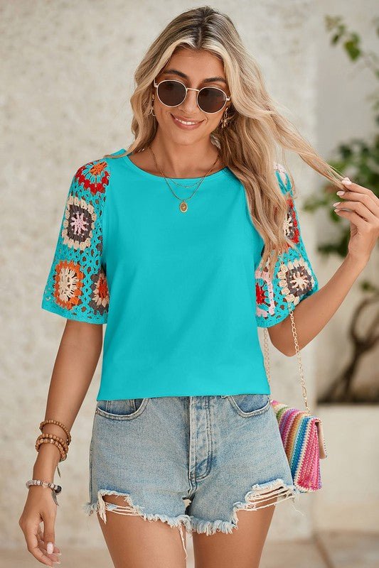 Black Floral Hollowed Crochet Sleeve Boho T Shirt - Robbi & Angel