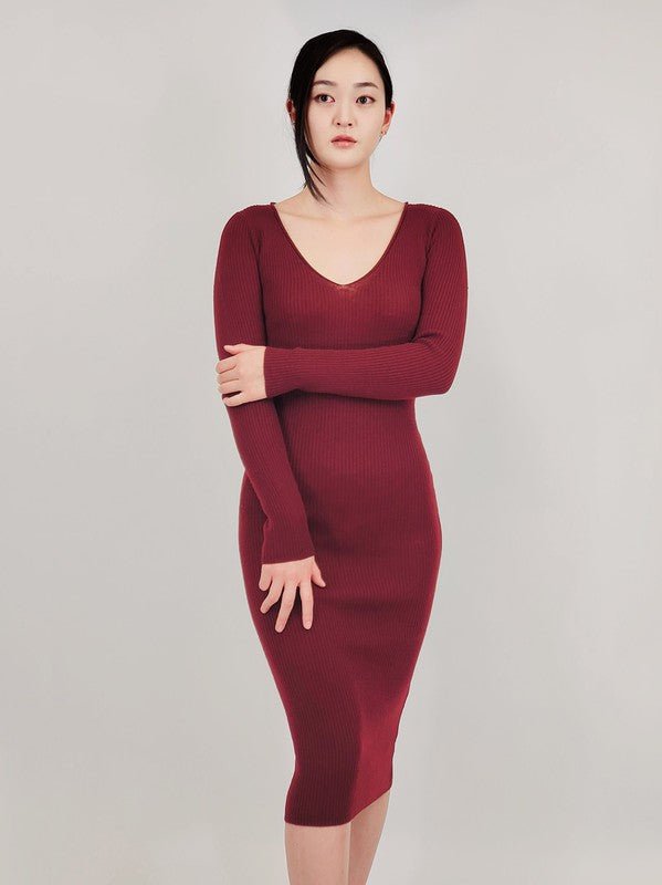 V - Neck Sheer Ribbed Knit Long Sleeve Sweater Dress - Robbi & Angel