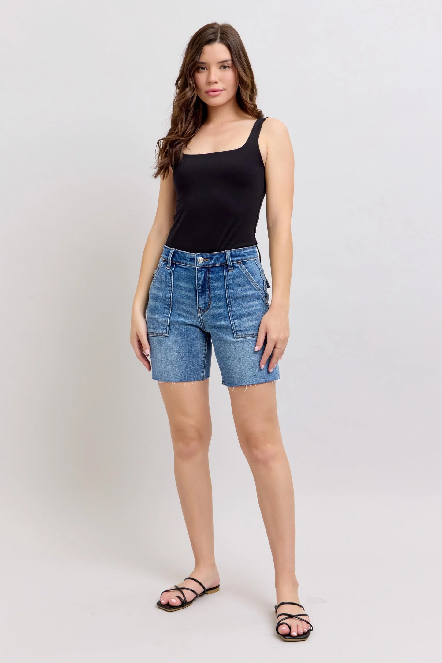 Judy Blue Full Size Mid Rise Bermudas Denim Shorts W/ Back Flap Pockets Plus Size - Robbi & Angel