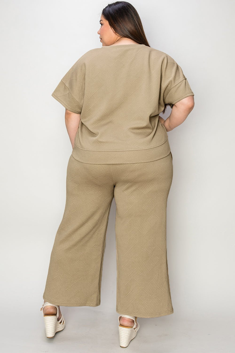 Double Take Full Size Texture Short Sleeve Top and Pants Set - Robbi & Angel