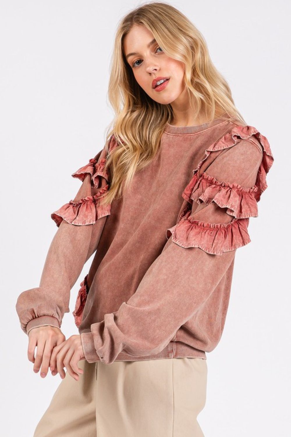 Mittoshop Ruffled Mineral Washed Round Neck Long Sleeve Sweatshirt - Robbi & Angel