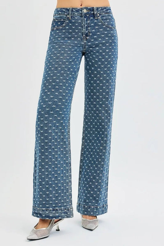 RISEN High Rise Wide Leg Bow Embroidered Jeans - Robbi & Angel